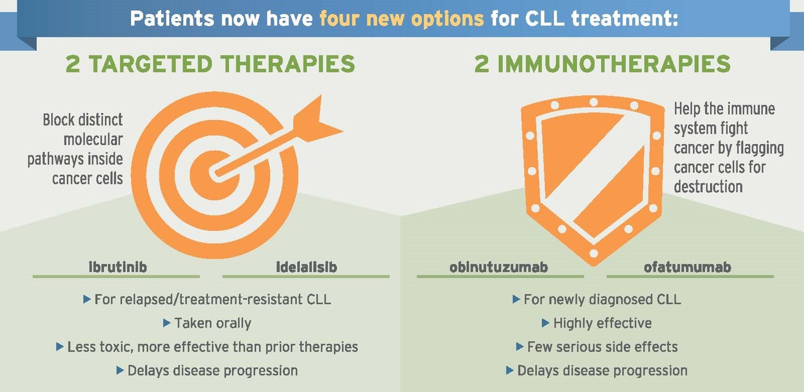 Patients now have four new options for CLL treatment: 2 Targeted Therapies and 2 Immunotherapies