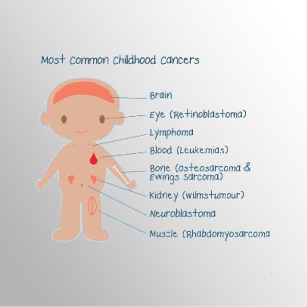 Most Common Childhood Cancers: Brain, Eye (Retinoblastoma), Lymphoma, Blood (Leukemia), Bone (Osteosarcoma & Ewings Sarcoma), Kidney,Neuroblastoma, Muscle (Rhabdomyosarcoma)